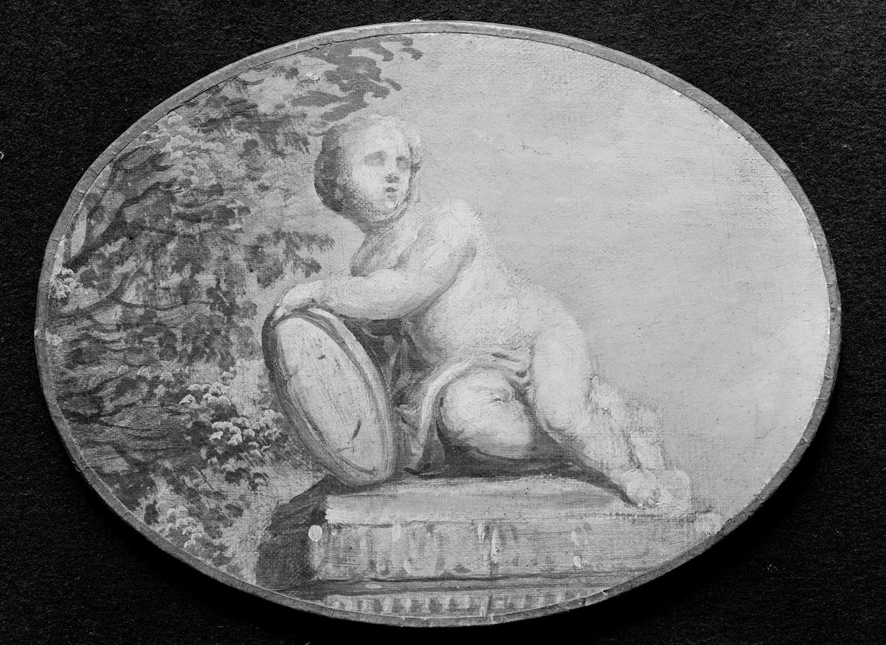 Putto på en piedestal mot bakgrund av grönska, 1700-tal. av 18th century . French Painter