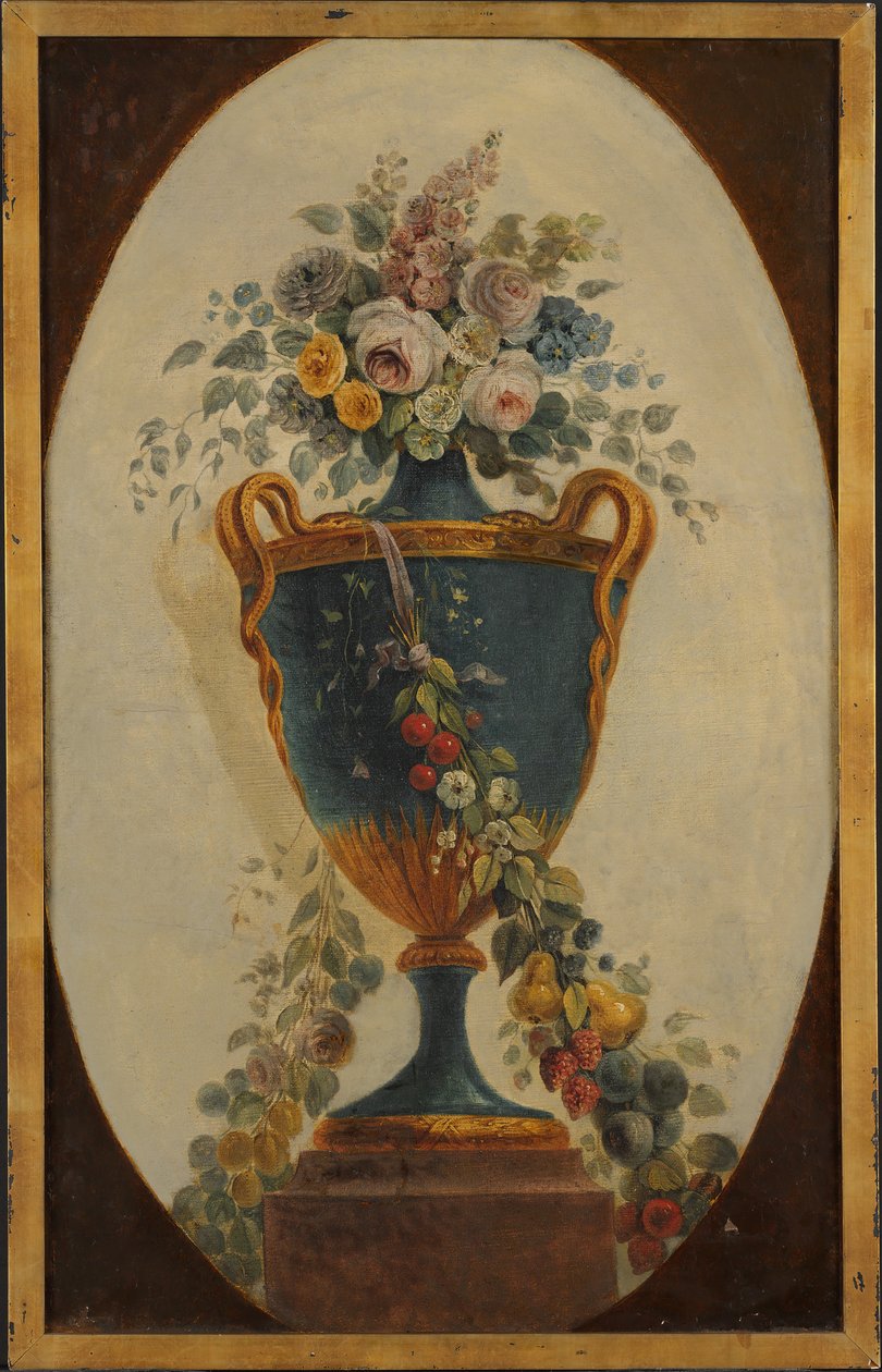 Vas med blommor draperad med girlanger, 1700-tal. av 18th century . French Painter