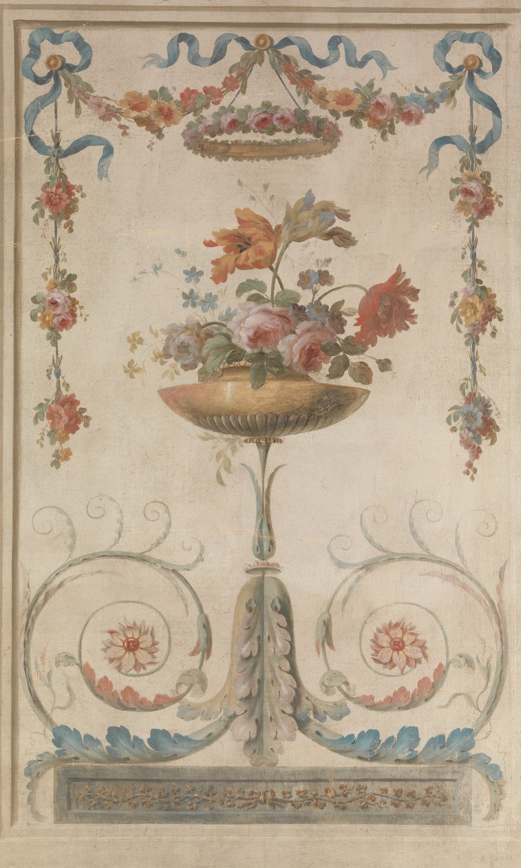 Vas med blommor vilande på bladrullar, 1770-90. av 18th century . French Painter