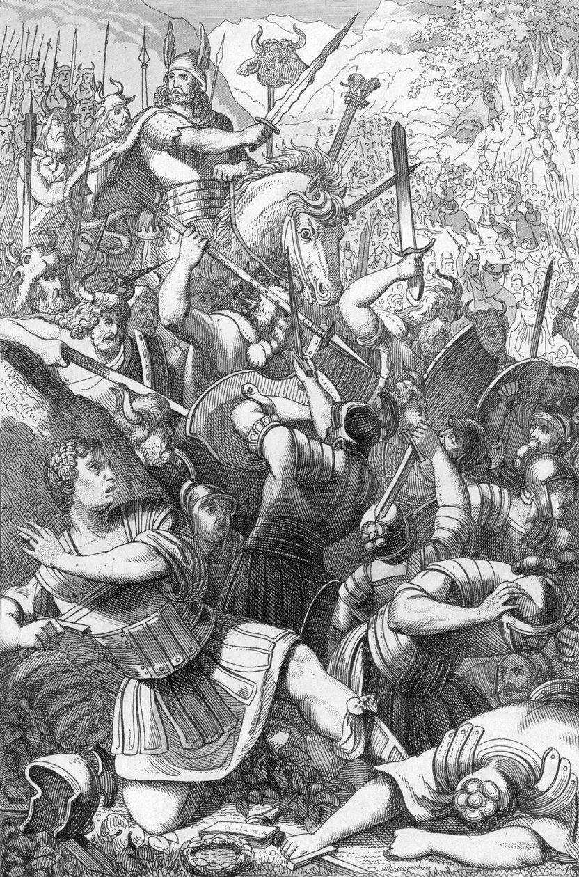 Cheruscanhövdingen Arminius (18 f.Kr.-21 e.Kr.) i slaget vid Teutoburg (Teutoburger Wald eller Teutberg) som ställde upp mot romarna mot tyskarna år 9 e.Kr. (Keruskerna under Arminius (Hermann) besegrar de 17:e–19:e romerska legionerna under Varus i Teutob av 19th Century Polish School