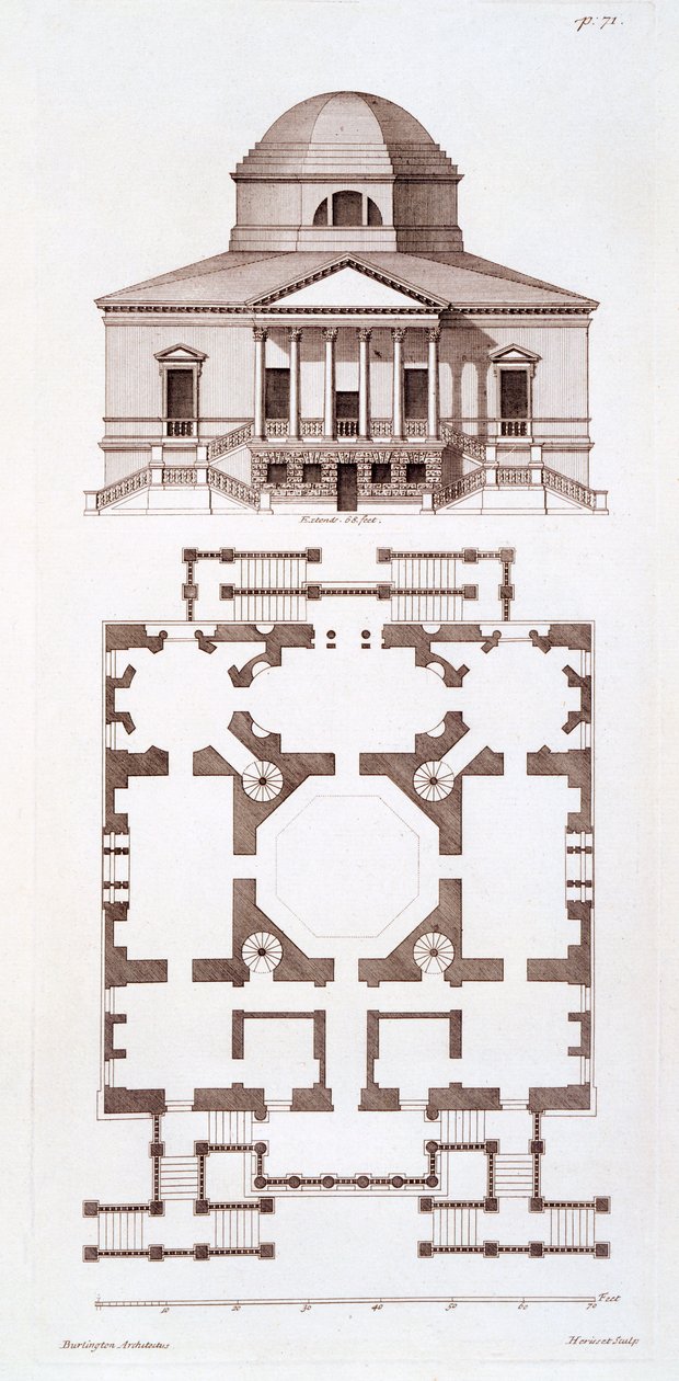 Plan och höjd av Chiswick House, tryck gjord av Herisset, c.1720-talet av 3rd Earl of Burlington