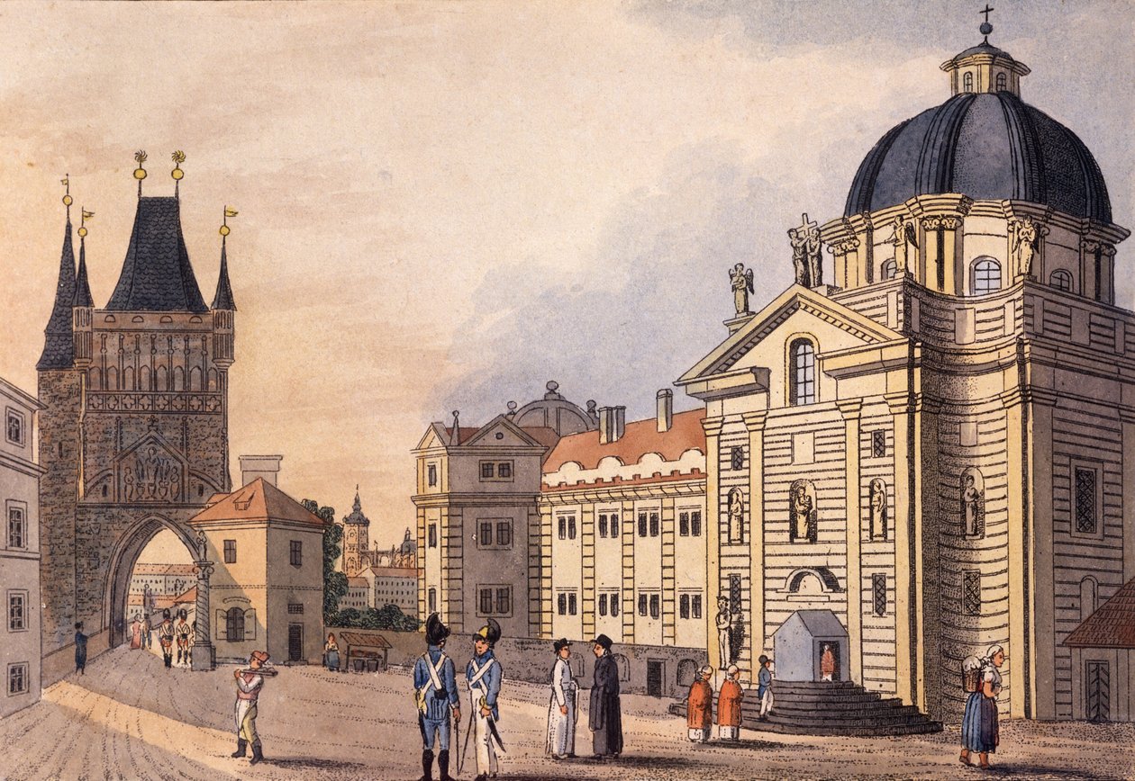 Krizovnicke namesti (Korsriddarnas torg), Prag, ca 1810 (färgad etsning) av A. & Berka, Johann Gustav