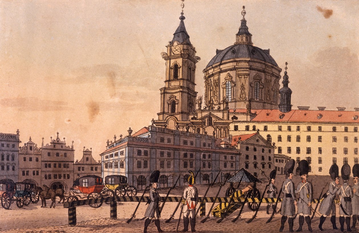 Malostranské (lilla kvarteret) fyrkant (nedre delen), c.1810 (färgerad etsning) av A. and Berka, Johann Gustav