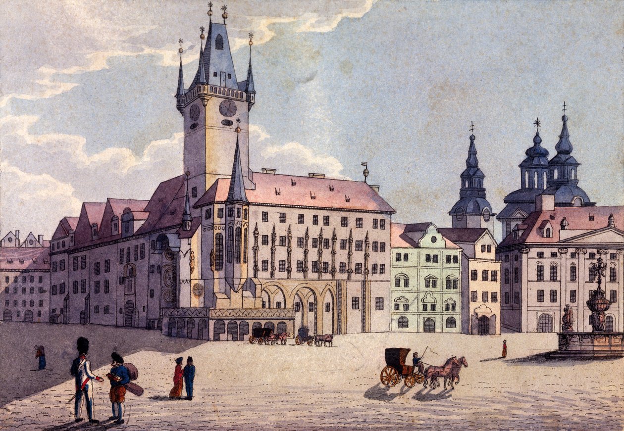 Gamla torget från Celetná Street, Prag, ca 1810 (färgad etsning) av A. and Berka, Johann Gustav