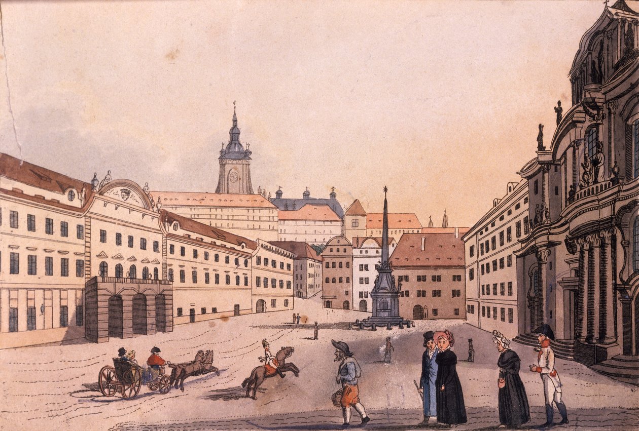 Övre Malostranské-torget (lilla kvarteret), Prag, ca 1810 (färgad etsning) av A. and Berka, Johann Gustav