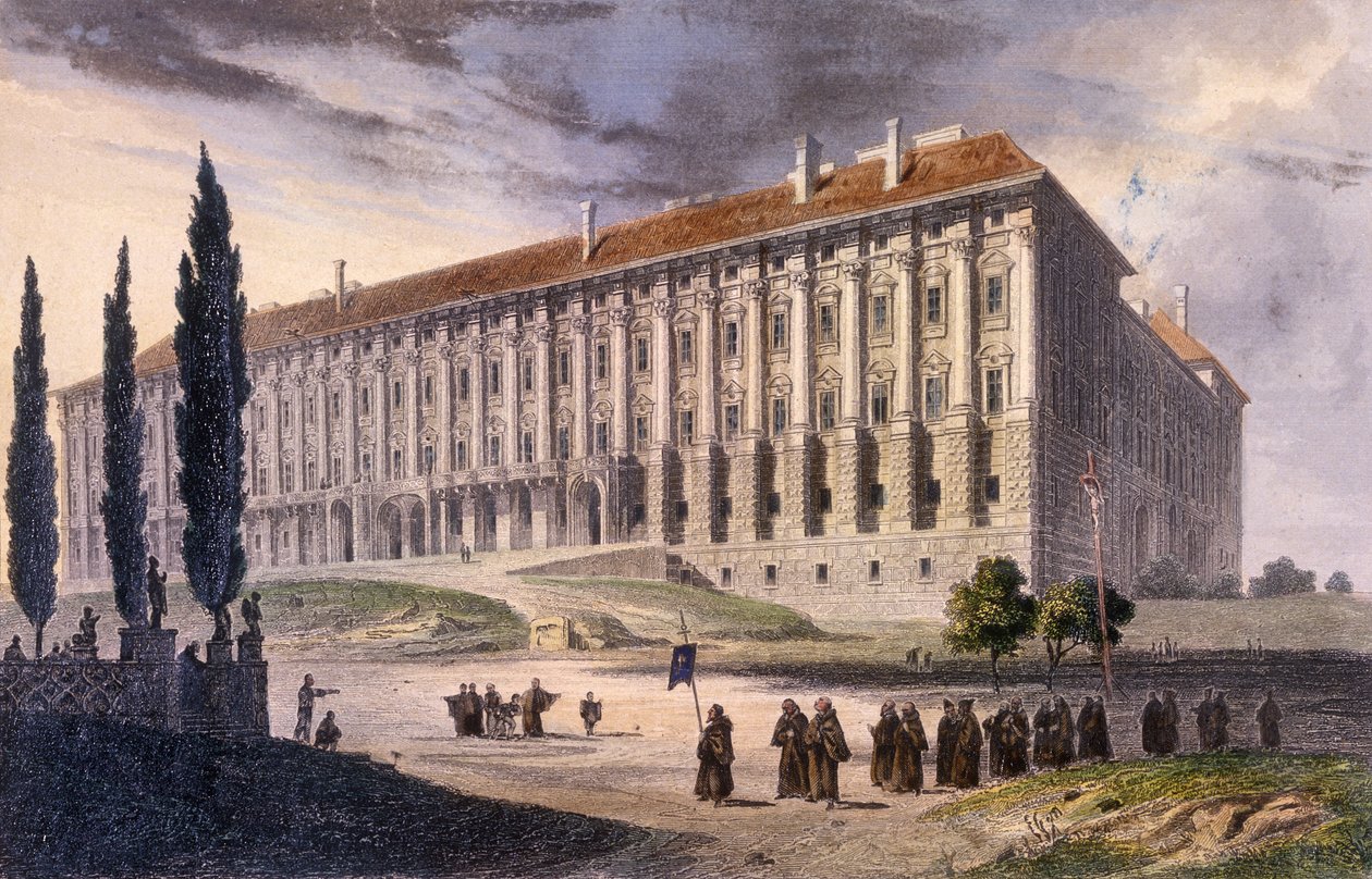 Utsikt över Loretto-torget från Capuchins, Prag, ca 1810 (färgad etsning) av A. and Berka, Johann Gustav