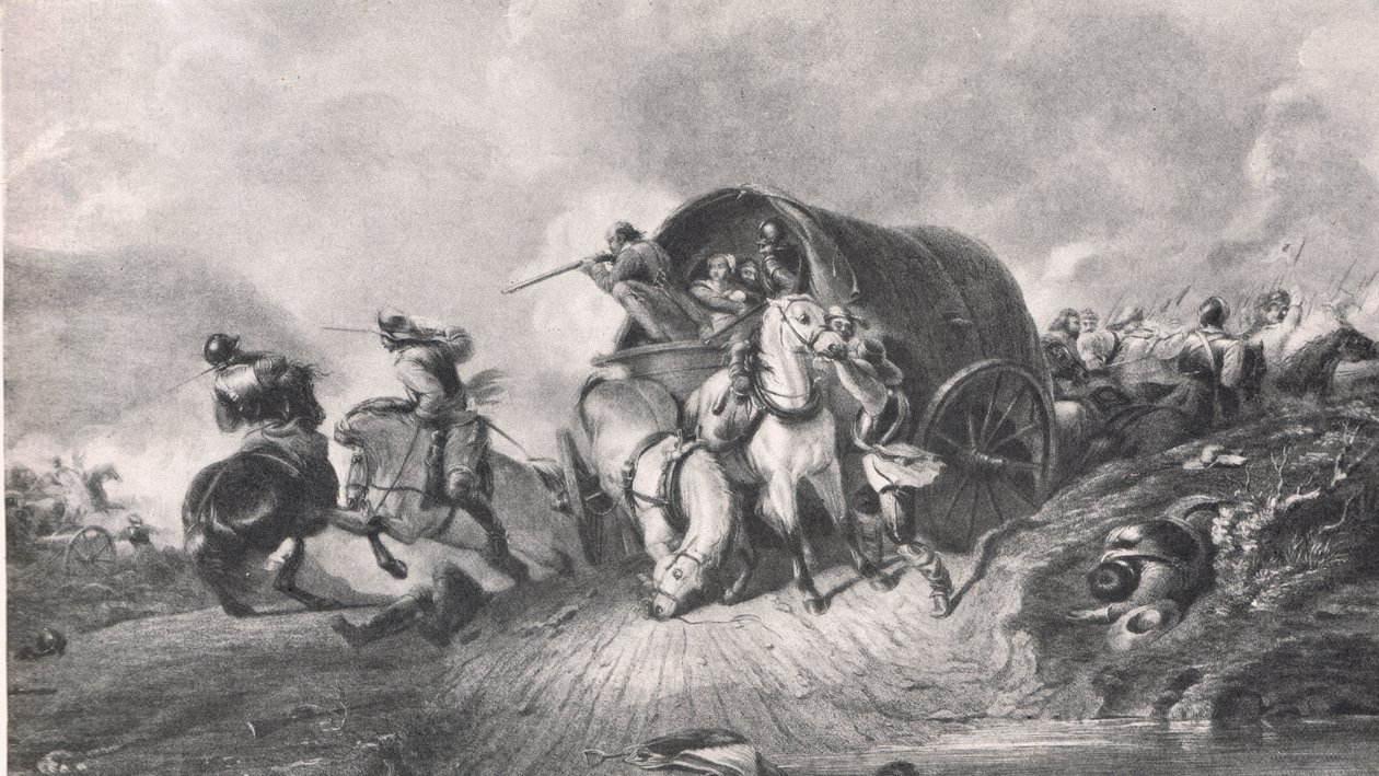 En attack mot en bagagevagn: Illustration från "British Battles on Land and Sea", utgiven av Cassell, London, ca 1910. av A. Copner