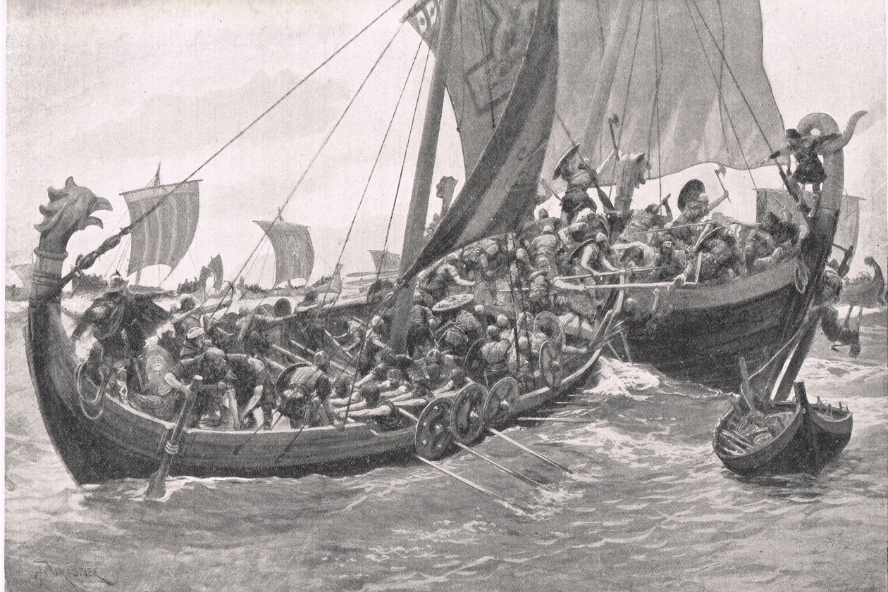 Britains First Naval Battle, illustration från British Battles on Land and Sea, publicerad av Cassell, London, ca 1910 av A. Forrestier