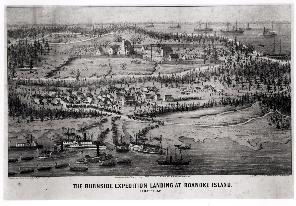 Burnside-ekspeditionen lander på Roanoke Island den 7. februar 1862 swed av A. J. Richards