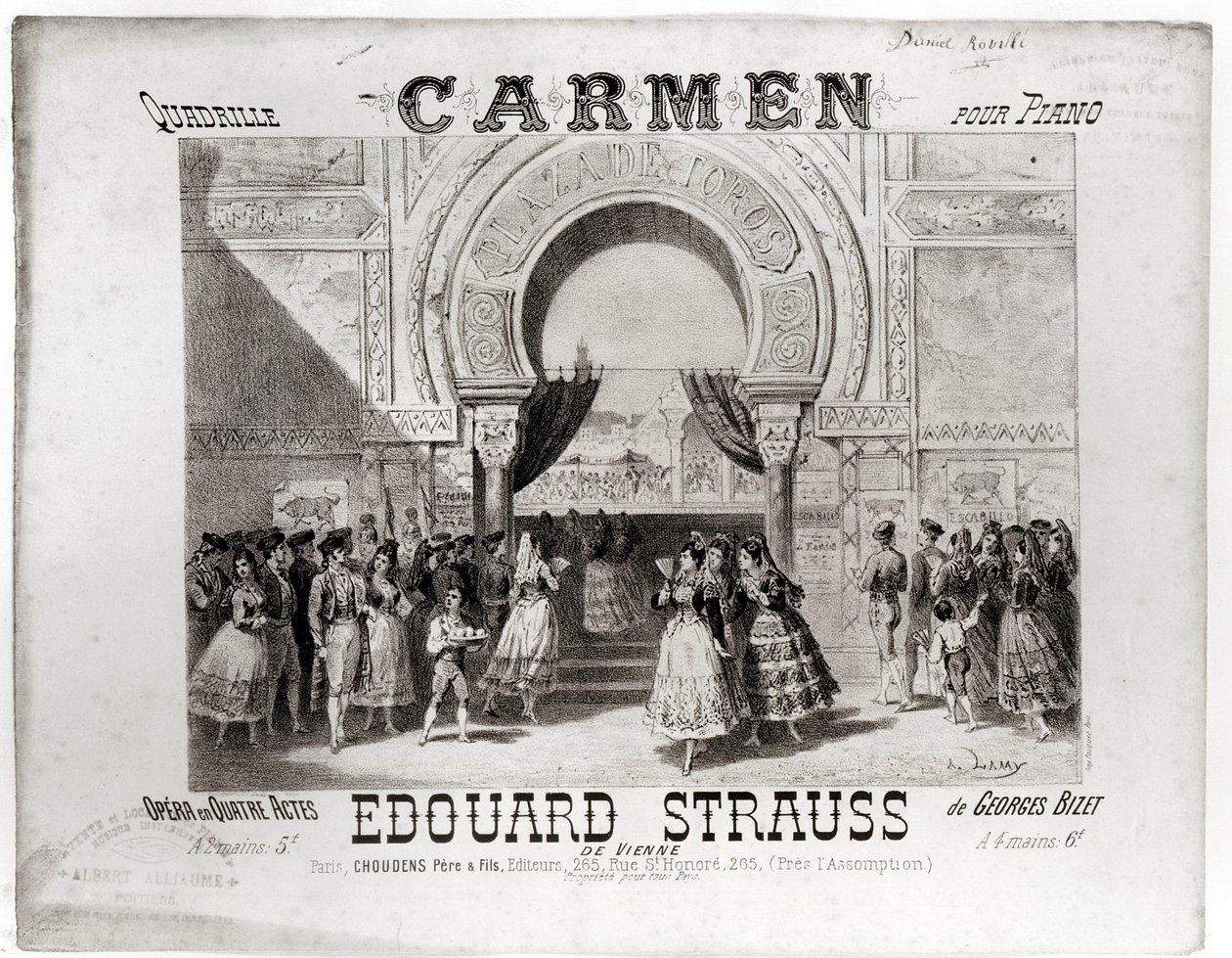 Omslag till partituret till pianoquadrillen ur "Carmen" av Edouard Strauss (1835-1916), från Georges Bizets (1838-75) opera (1835-1916). av A. Lamy