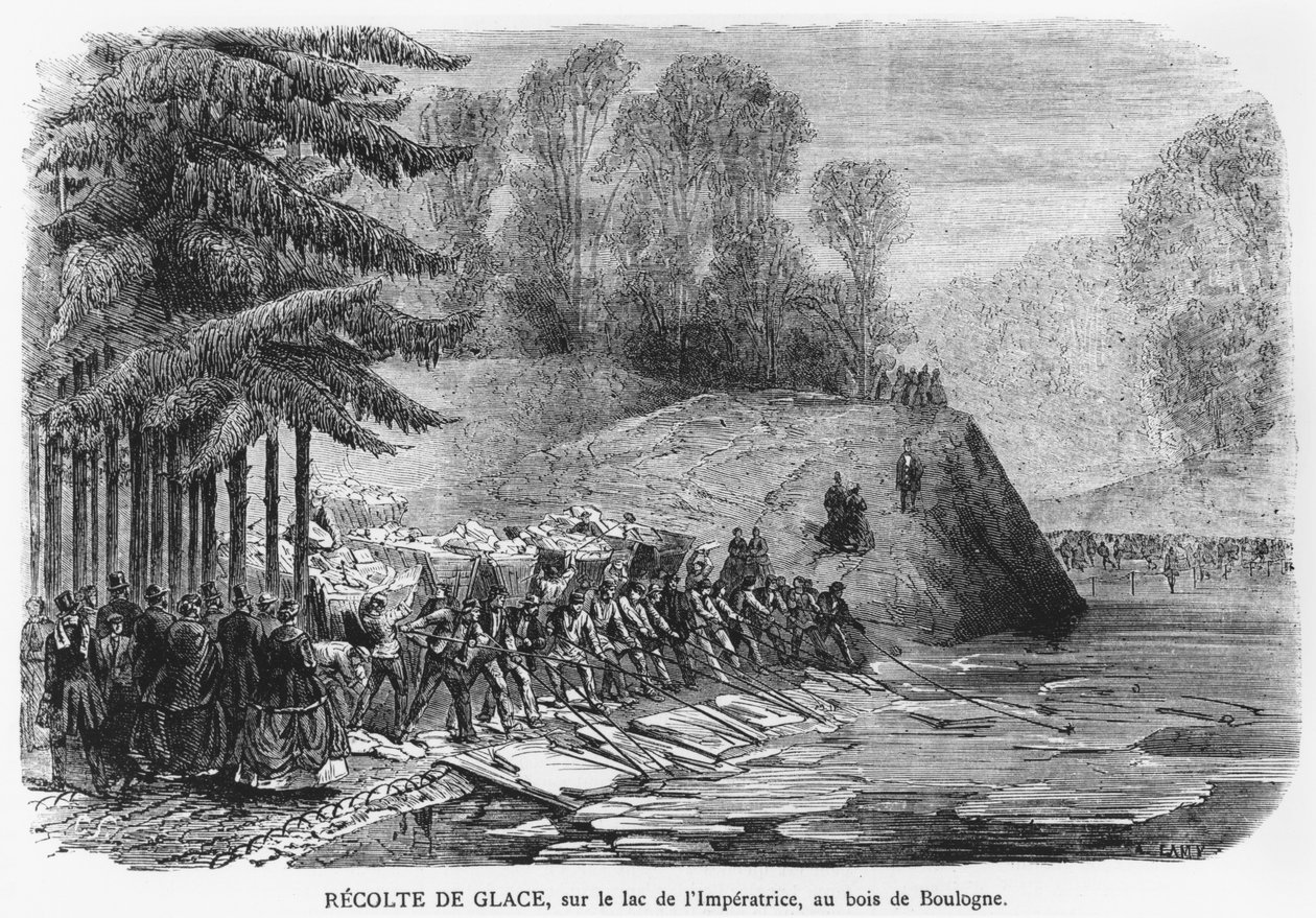 Isskörd på Empress Lake i Bois de Boulogne i Paris, illustration från "Le Journal Illustre", 13 februari 1870. av A. Lamy