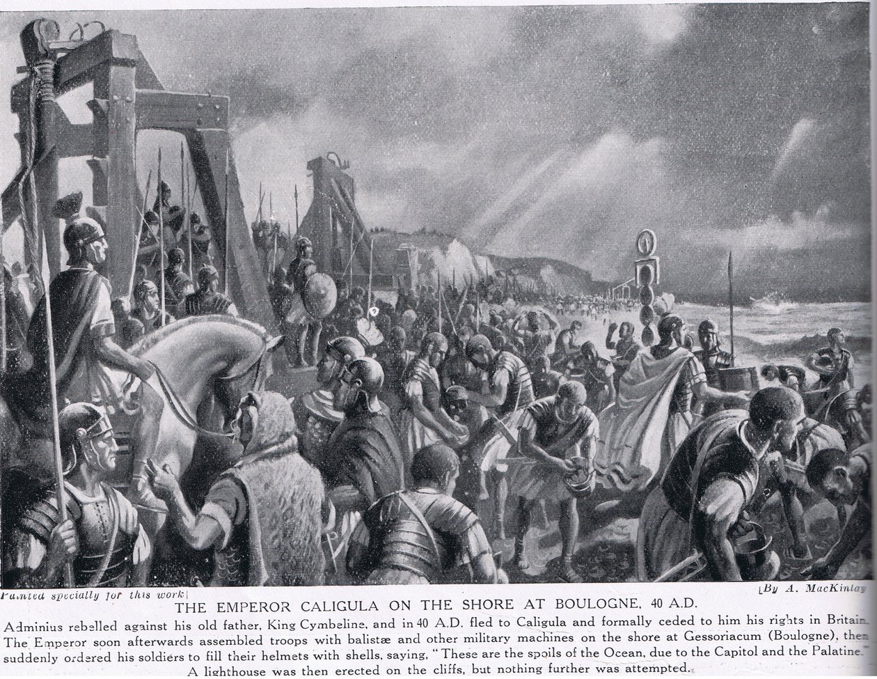 Kejsaren Caligula på stranden vid Boulogne, illustration från Hutchinsons Nationernas historia, ca 1910 av A. MacKinlay