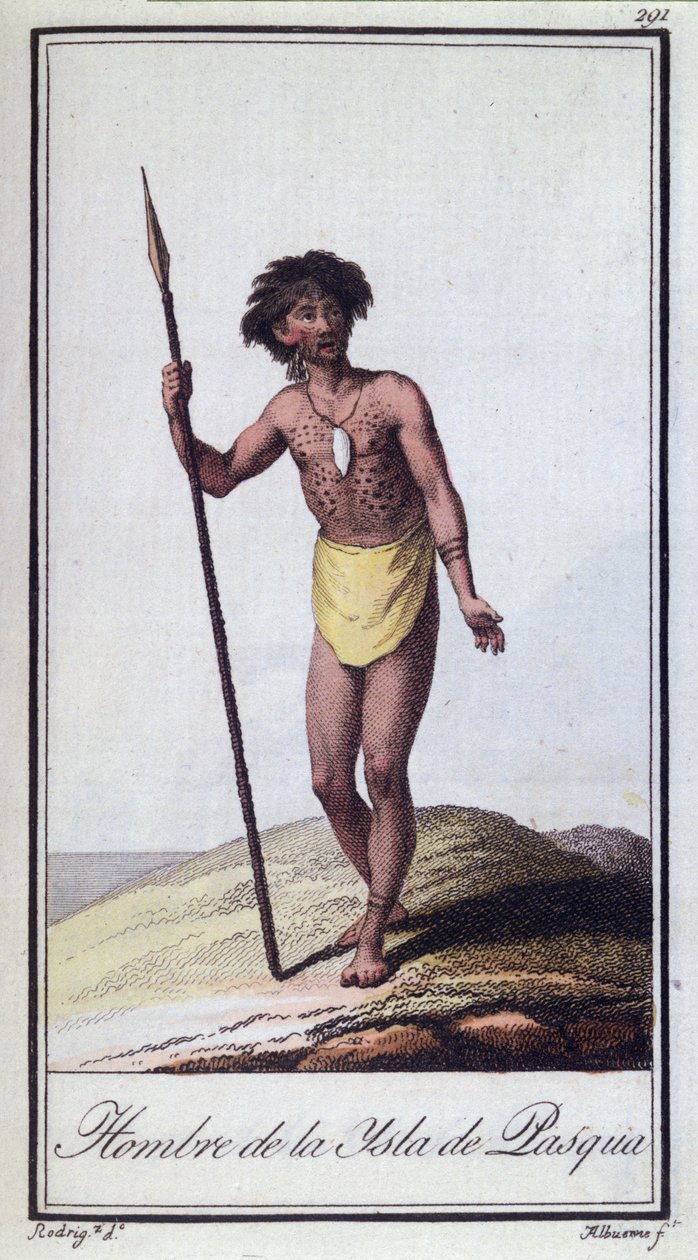 En man från Påskön, graverad av Albuerne, 1799 färgad gravyr av A. Rodriguez