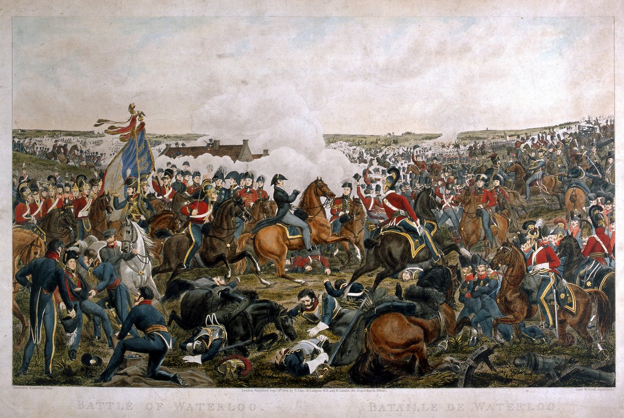 Slaget vid Waterloo, 1815, graverad av J.A. Cook, 1816 (färgad akvatint) av A. Sauerweld