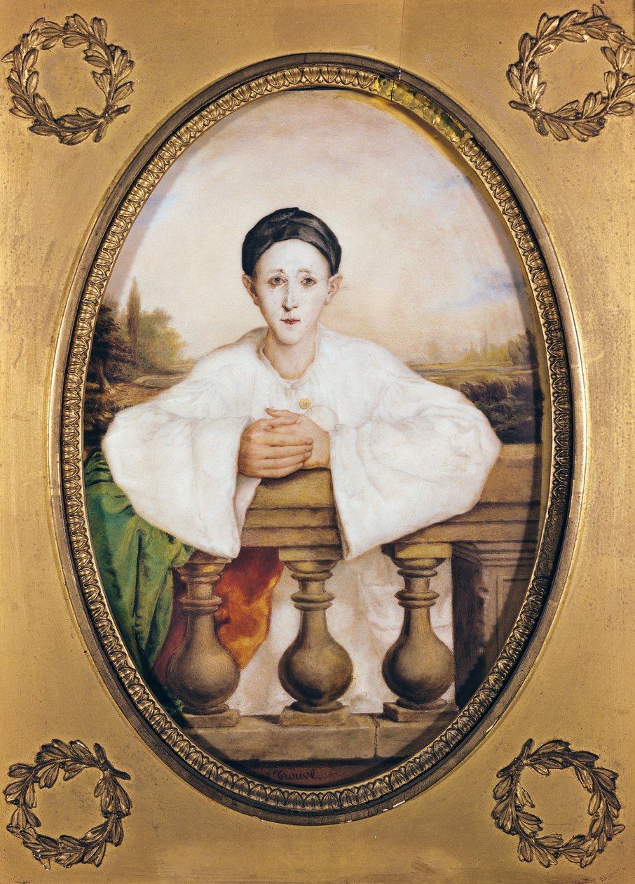 Porträtt av Gaspard Deburau (1796-1846) som Pierrot, ca 1815 (olja på porslin) av A. Trouve