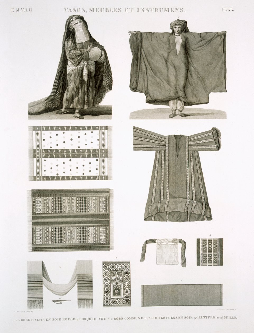 Exempel på silke och egyptiska kostymer, från Beskrivning av Egypten, graverade av Jehotte och Texier, pub. under order av Napoleon, 1822 av A. and Balzac, C. Dutertre