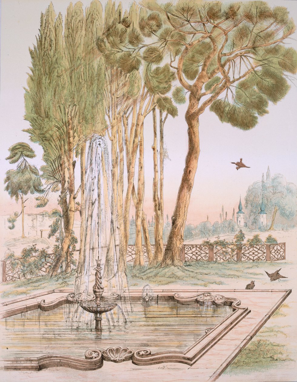 En trädgård i Turkiet, 1800-talet (kromolit) av A. de Beaumont