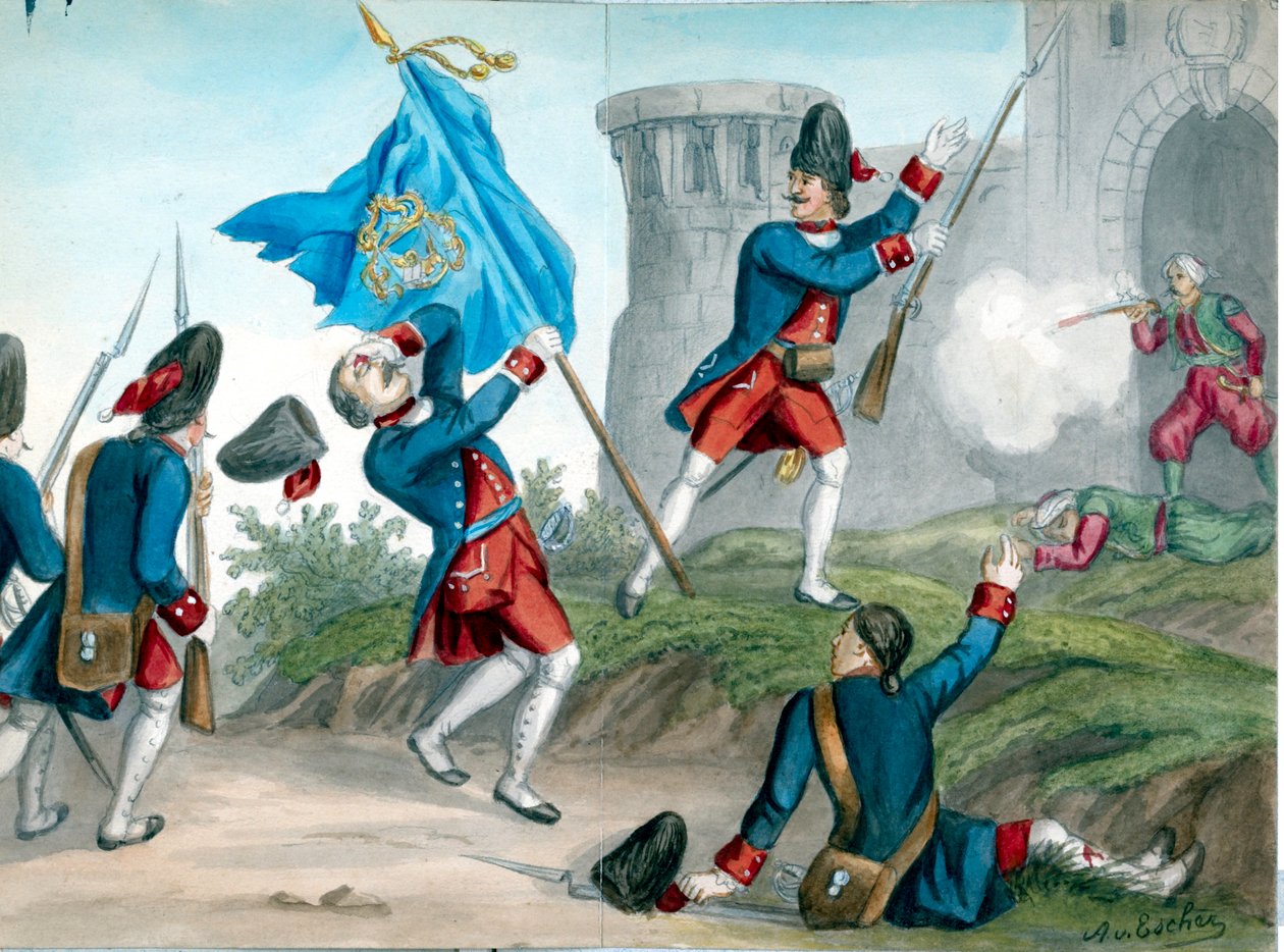 Venetianska grenadjärer attackerar ett ottomanskt fort av A. von Escher