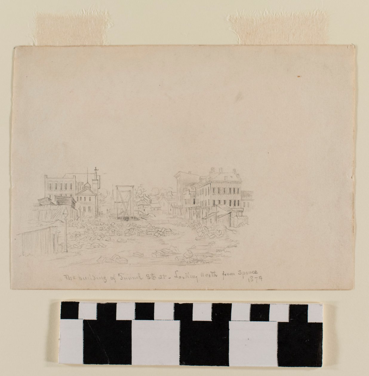 Pencil drawing of the building of a tunnel at 8th Street looking north from Spruce by A.B. Greene av A.B. Greene