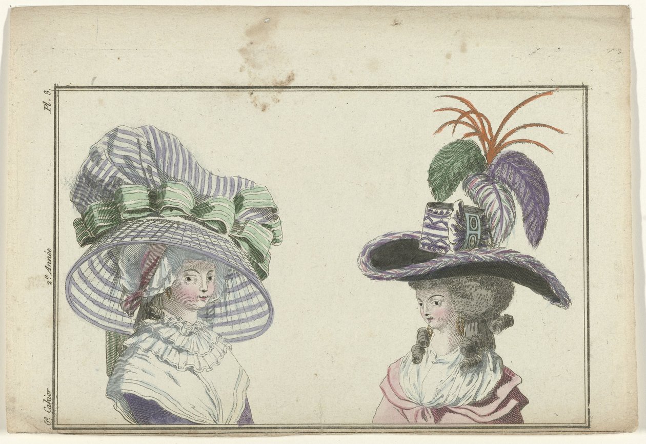 Magazine of New French and English Fashions, 10 januari 1787, 6:e anteckningsboken, 2:a året, Pl. 3 av A.B. Duhamel
