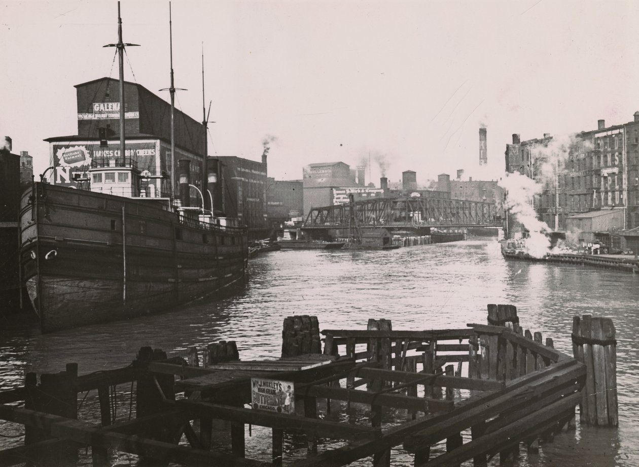 Utsikt över Rush St. Bridge och Kirks tvålfabrik, 1894 av A.C. Christensen