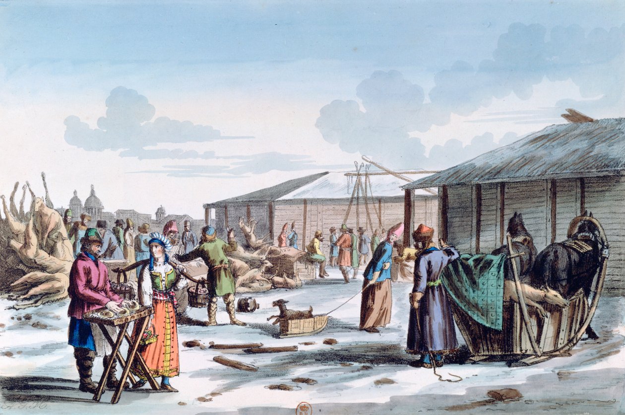 Köttmarknad under vintern, Ryssland, 1821 av AC Houbigaot