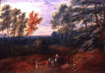 Ett skogslandskap med resenärer i en hökärra (olja på panel) av A.F. and Bouts P. Boudewyns
