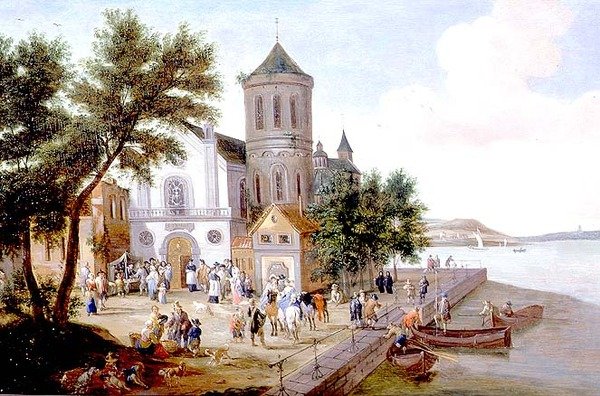 Kustlandskap med figurer på ett kyrktorg av A.F. and Bouts P. Boudewyns