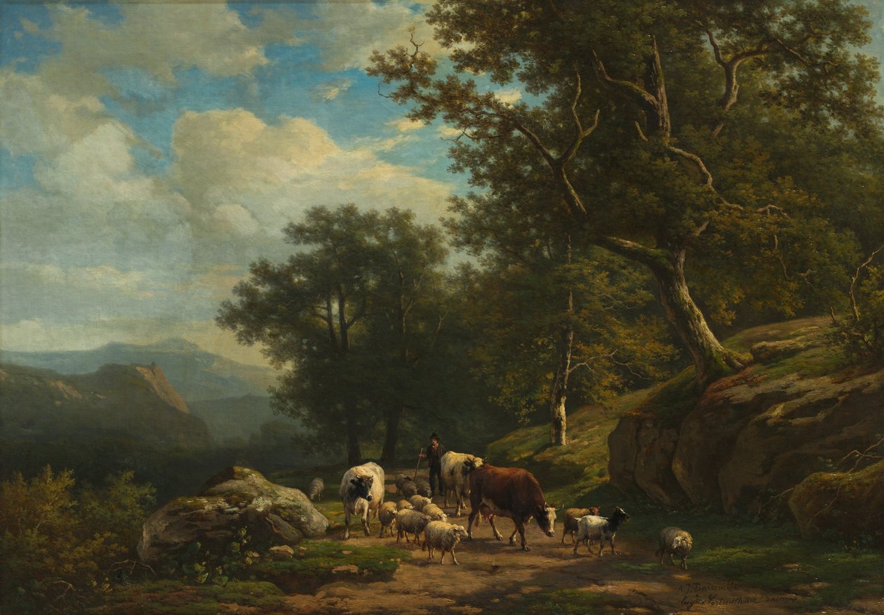 Landskap med en bonde och hans hjord, ca 1850-59 (olja på tyg) av A.J. Daiwaille