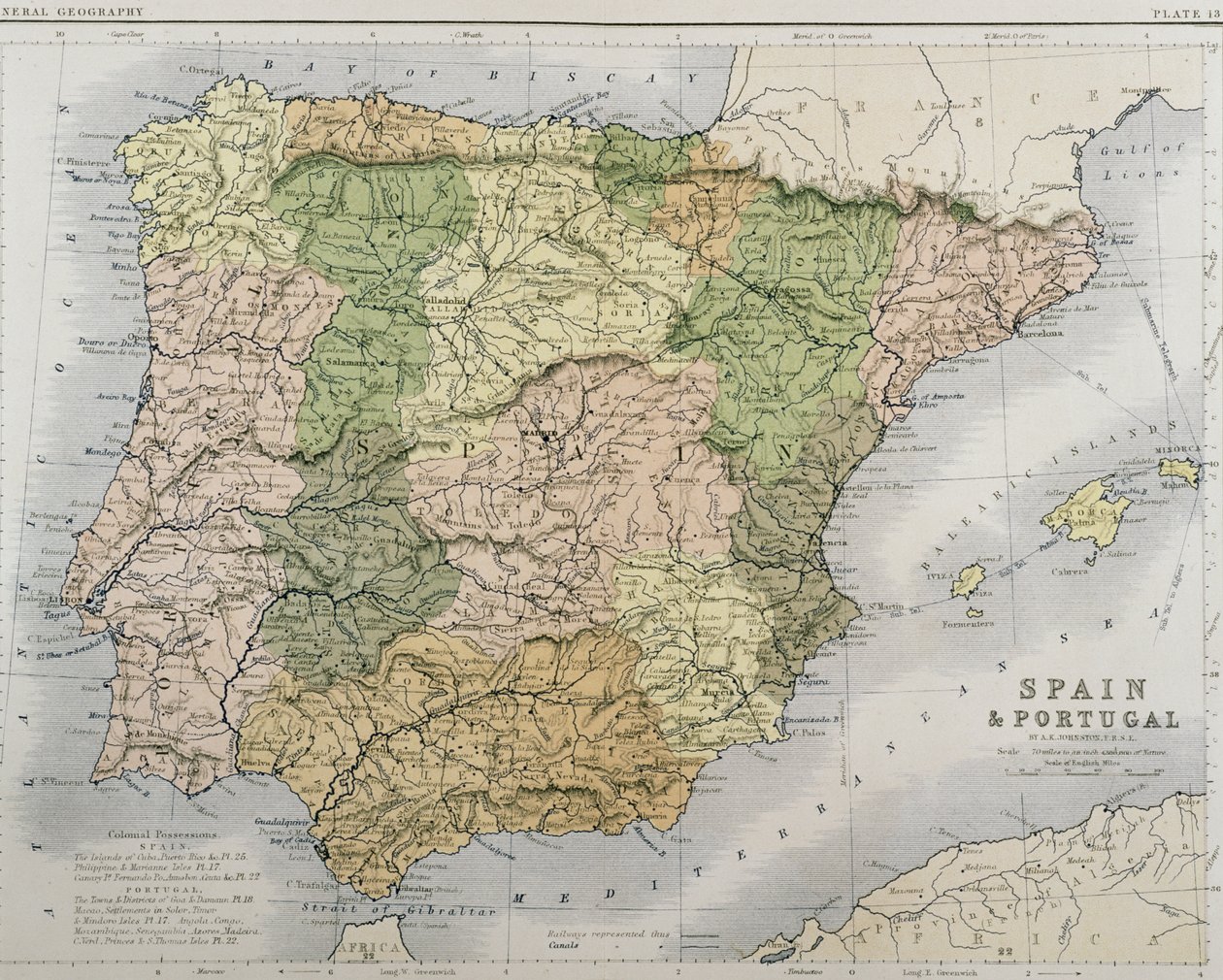 Karta över Spanien och Portugal, ca 1869 av Alexander Keith Johnston