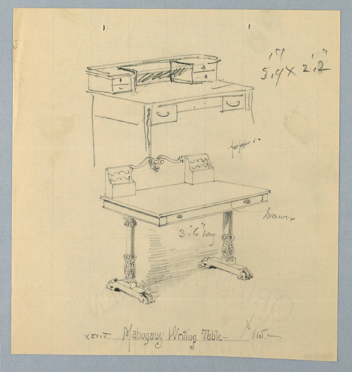 Design och skiss för "Mahogny Writing Table" av A.N. Davenport Co.