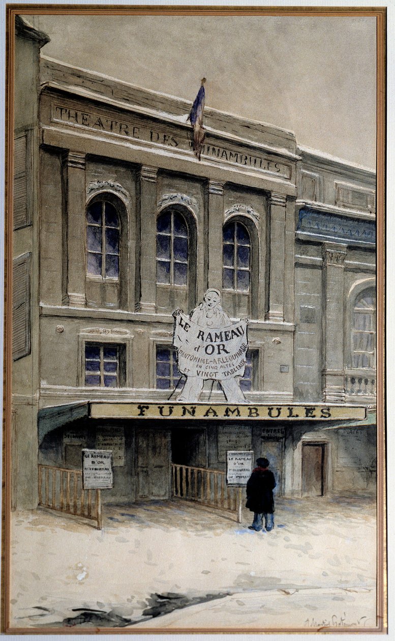 Utsikt över Theatre des Funambules på boulevard du Crime (boulevard du Temple i Paris). Akvarell av Adolphe (1828-1883) Paris. Carnavalet Museum av A.P. Martial