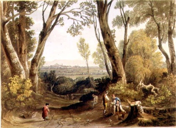 Hereford, från Dynedor Hill, graverad av Theodore H. A. Fielding (1781-1851), pub. i "pittoresk utsikt över floden Wye" av A.V. Copley (after) Fielding