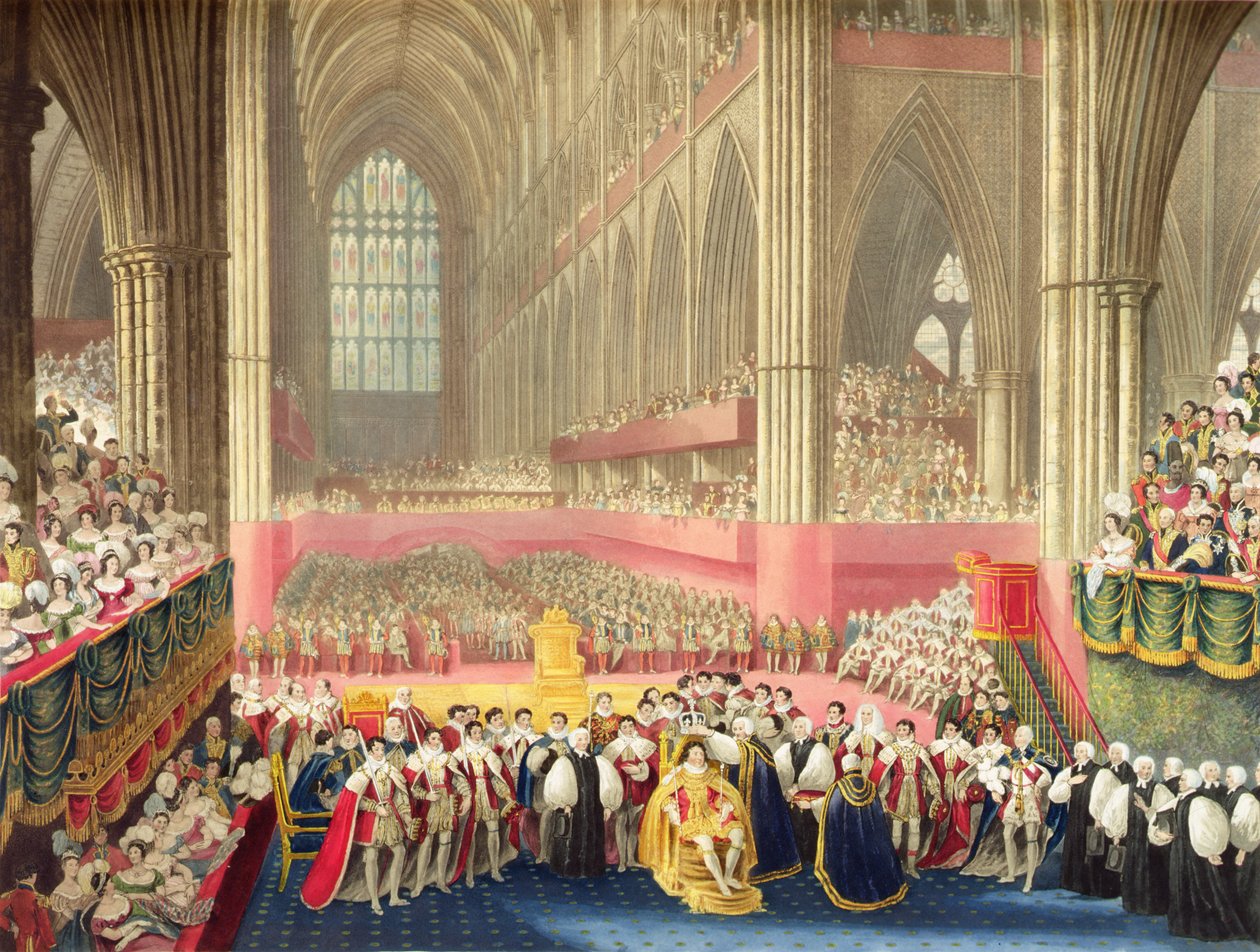 George IV:s kröning den 19 juli 1821 i Westminster Abbey (etsning med akvatint) av A.W. and Stephanoff J. (after) Pugin