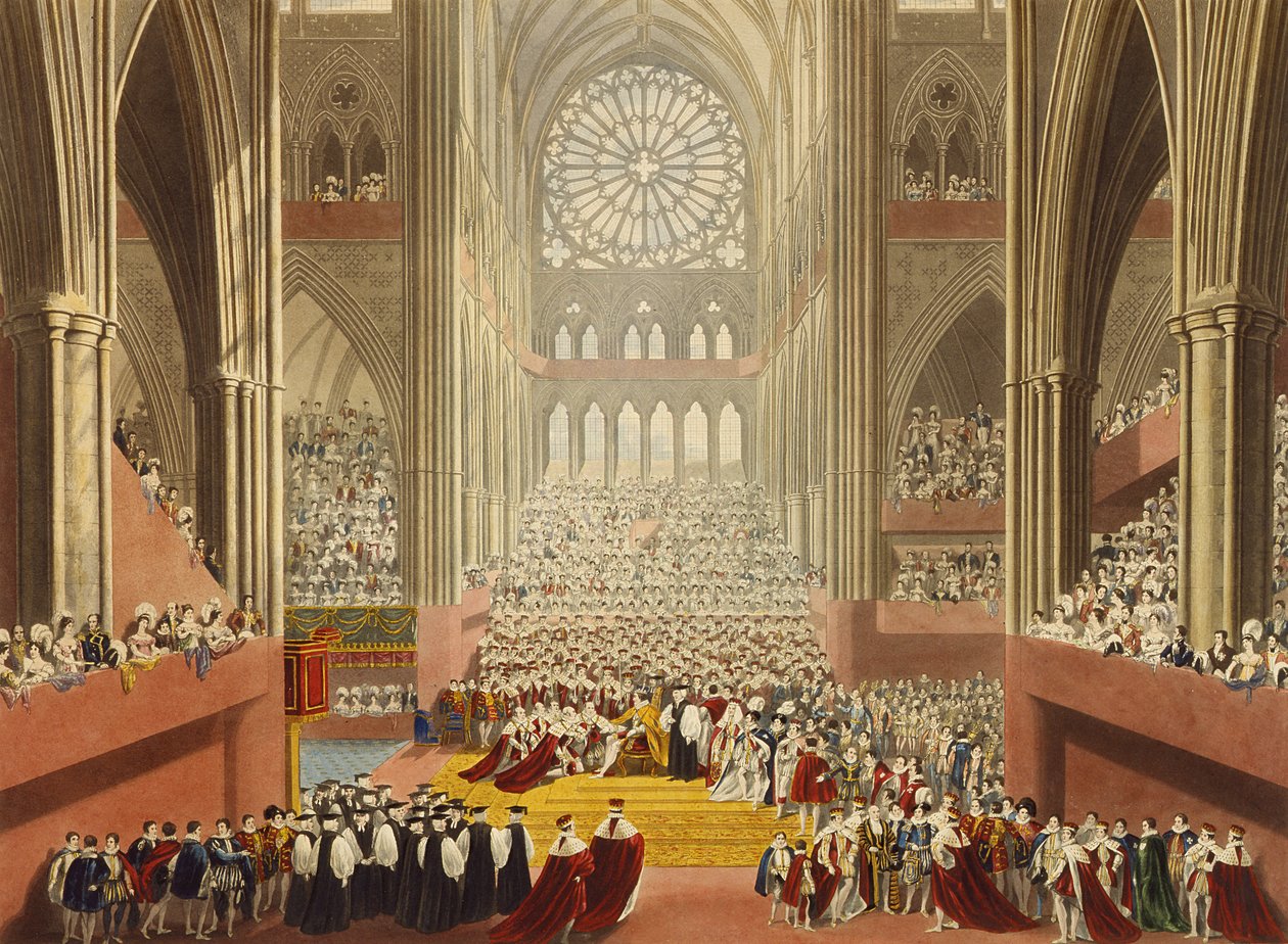 The Ceremony of the Homage, 19 juli 1821, från ett album som firar kröningen av kung George IV (1762-1830) graverat av William James Bennett (1787-1844) publicerat 1824 av A.W. and Stephanoff Pugin