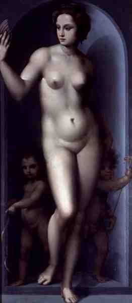 Venus Between Two Amores (olja på panel) av A.  Piccinelli