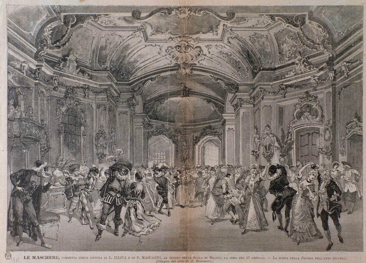 Illustrationer till operan Le Maschere av Pietro Mascagni för föreställningen på teatro alla Scala i Milano av A. (after) Bonamore