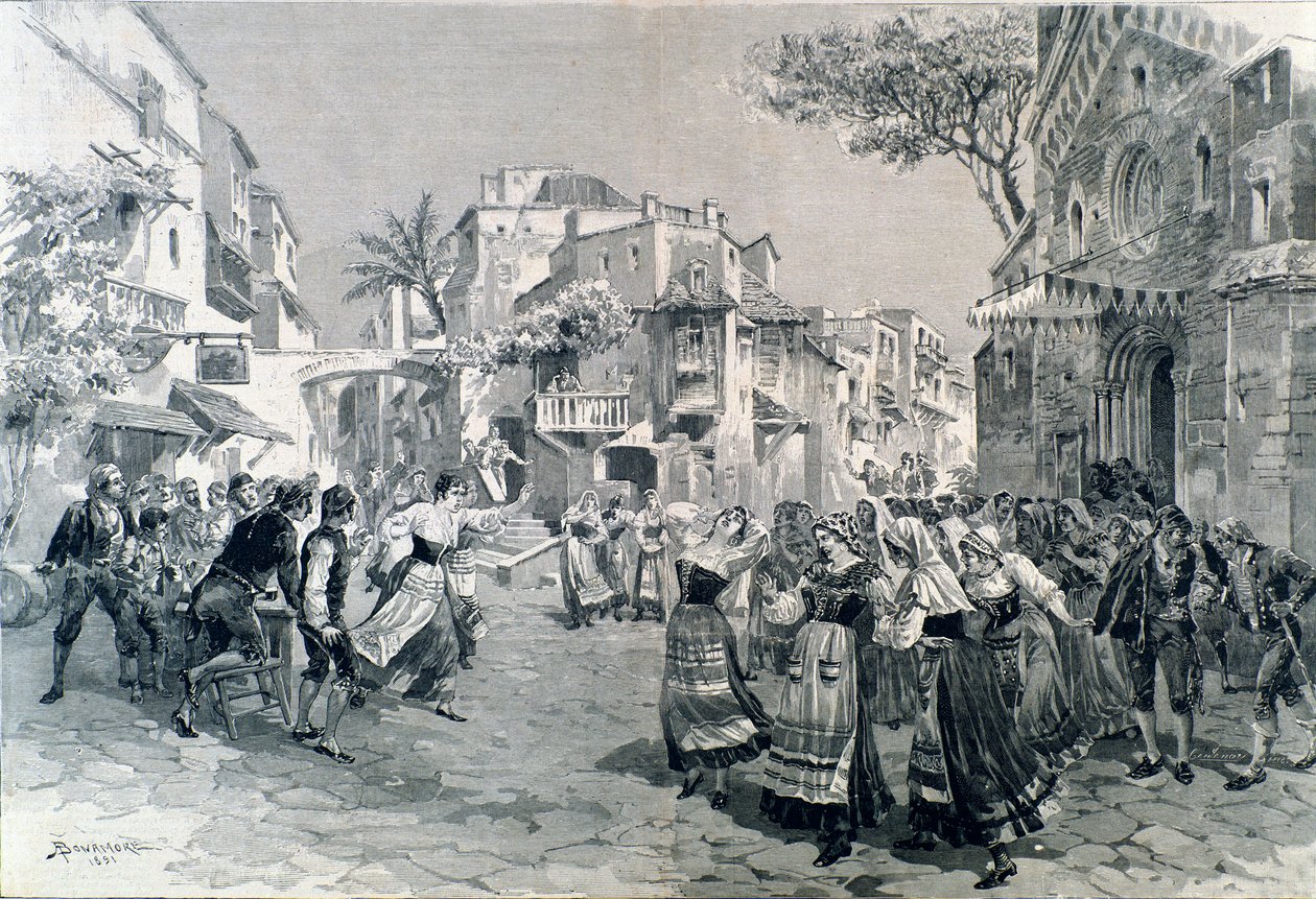 Slutscenen av Cavalleria rusticana, opera av Mascagni, på teatro alla scala 1891 av A. (after) Bonamore