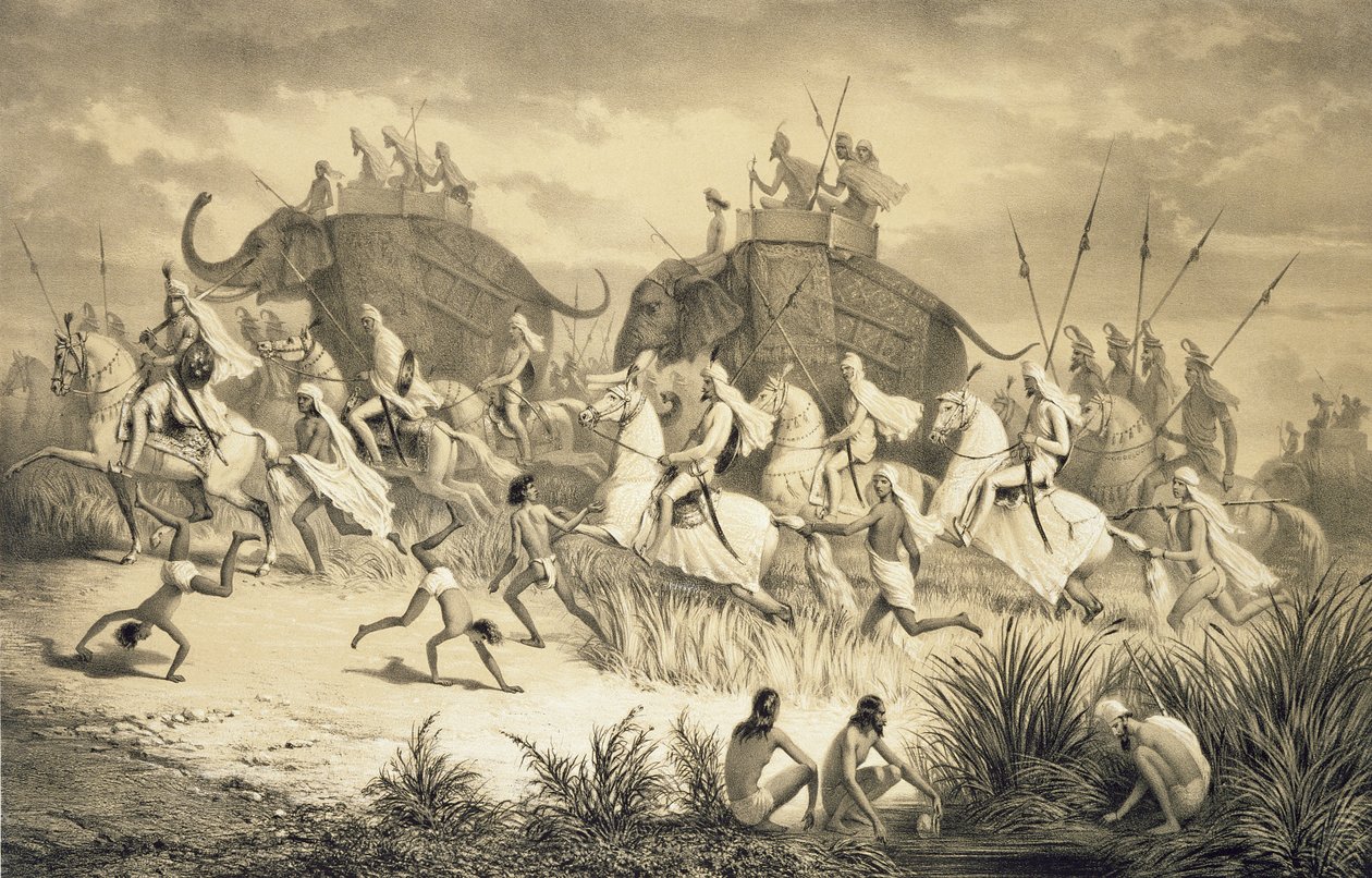 Kavalkad av sikhiska hövdingar på elefanter, från "Voyage in India", graverad av puben Louis Henri de Rudder (1807-81). i London av A. (after) Soltykoff