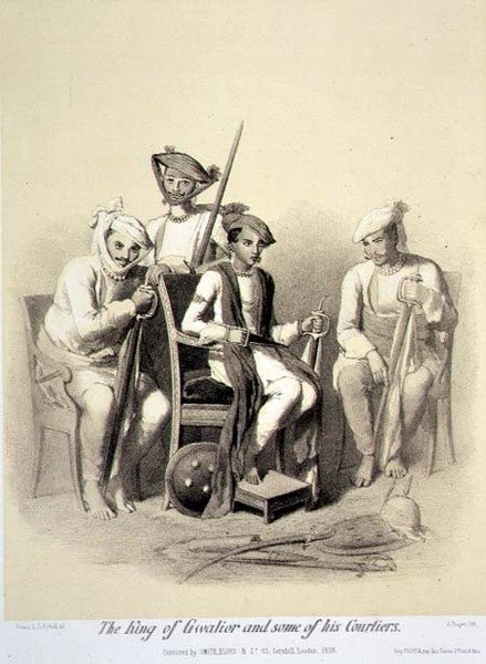 Kungen av Gwalior och några av hans hovmän, från "Voyage in India", graverad av Jules Trayer (1824-1901) pub. i London av A. (after) Soltykoff