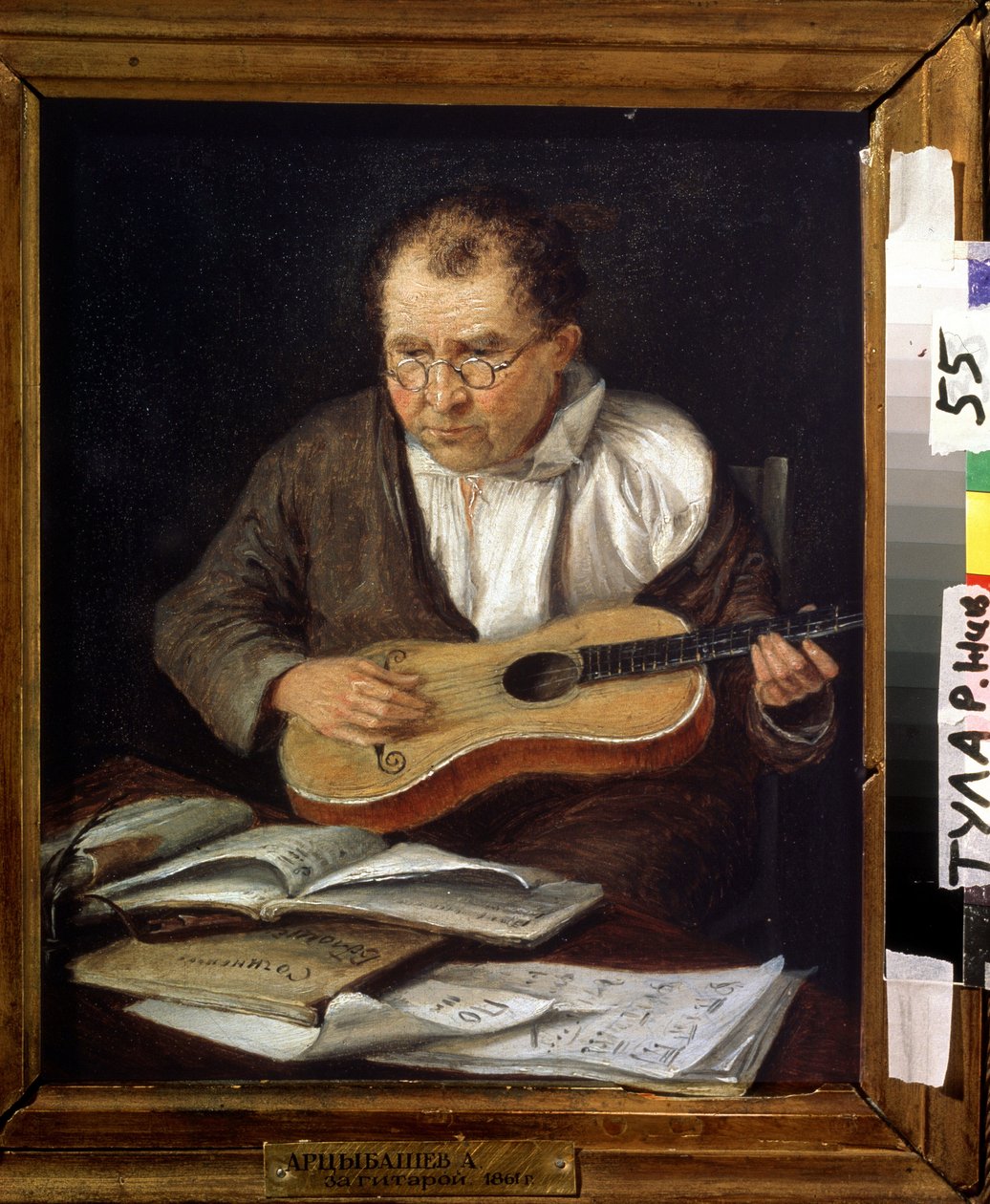 Gitarrspelare (Guitar Player). Målning av A. Artsybashev (1800-talet). Olja på duk, 30,5 x 26 cm av A. Artsybashev