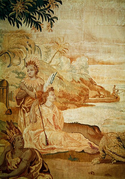 Amerika, från en gobeläng av världens fyra hörn, detalj av två figurer i bakgrunden (detalj av 184003) av A. Baertams