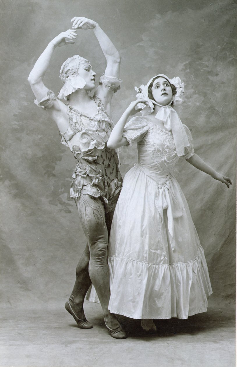 Nijinski och Karsavina dansar i baletten "Le Spectre de la Rose" av Carl Maria von Weber (1786-1826) på Chatelet-teatern i Paris den 5 juni 1912 (sepiafoto). av A. Bert