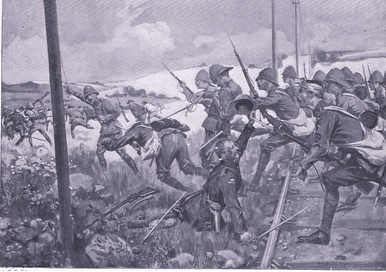 Anklagelsen av de skotska fusilierna i Fredrikstad, illustration från After Pretoria: The Guerilla War, 1902 av A. C. Ball