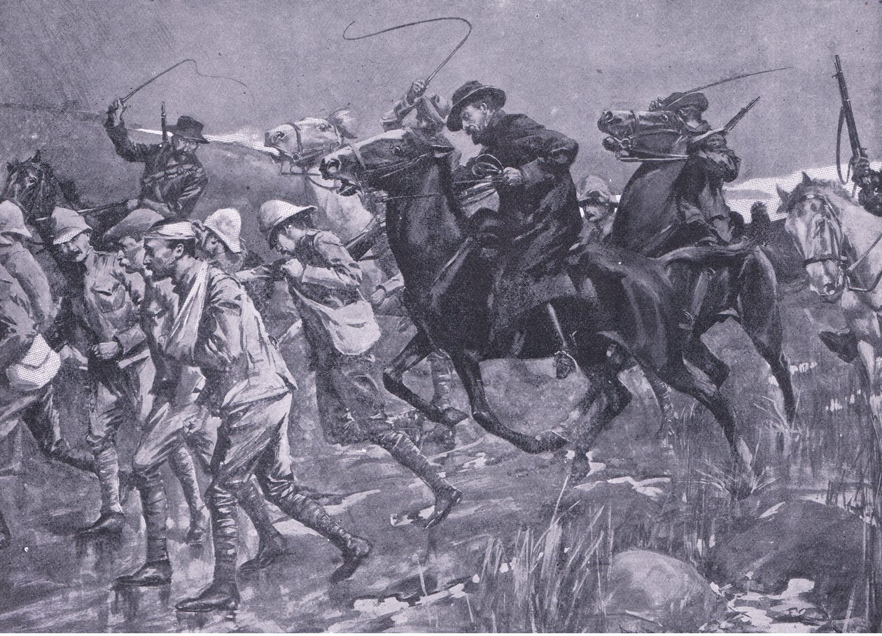 De Wets behandling av brittiska krigsfångar på marschen, illustration från After Pretoria: The Guerilla War, 1902 av A. C. Ball