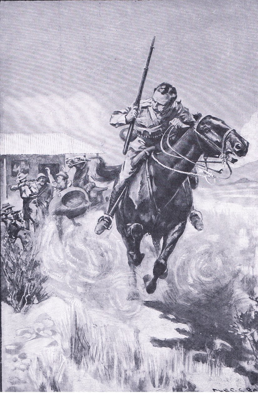 Escape of a scout, från After Pretoria: The Guerilla War publicerad av Harmsworth Bros Limited av A. C. Ball