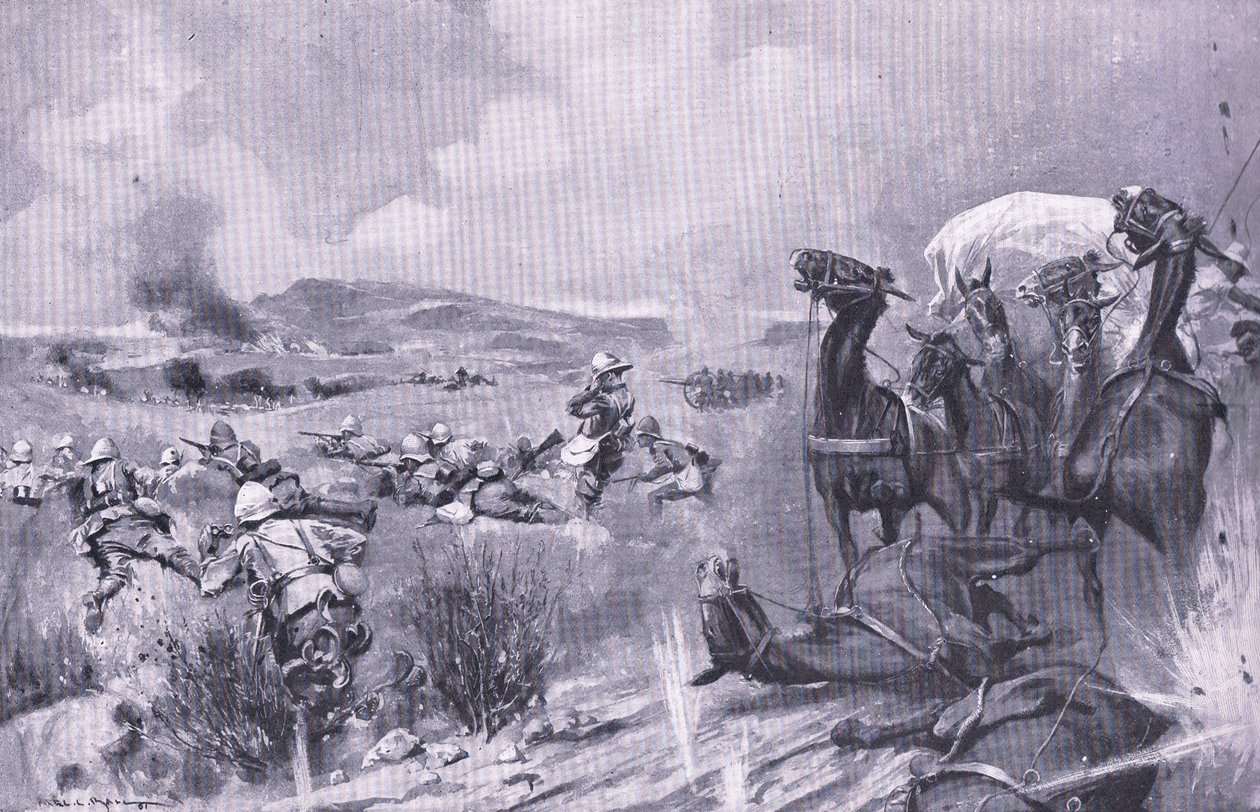 Attacken mot konvojen vid Buffelspoort, illustration från After Pretoria: The Guerilla War, 1902 av A. C. Ball
