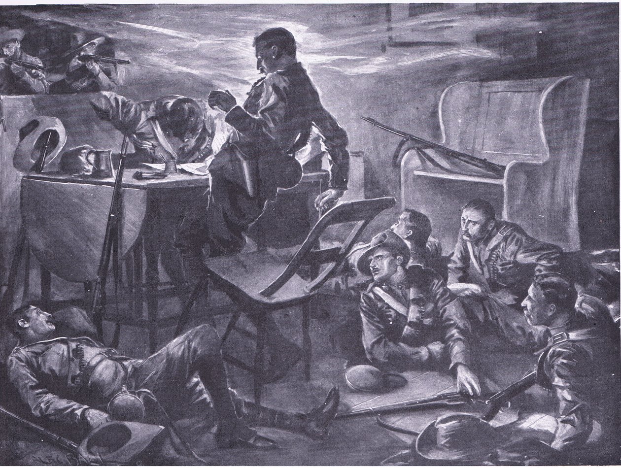 Mordet på två män från Comptons Horse när de skrev hem brev, illustration från After Pretoria: The Guerilla War, 1902 av A. C. Ball