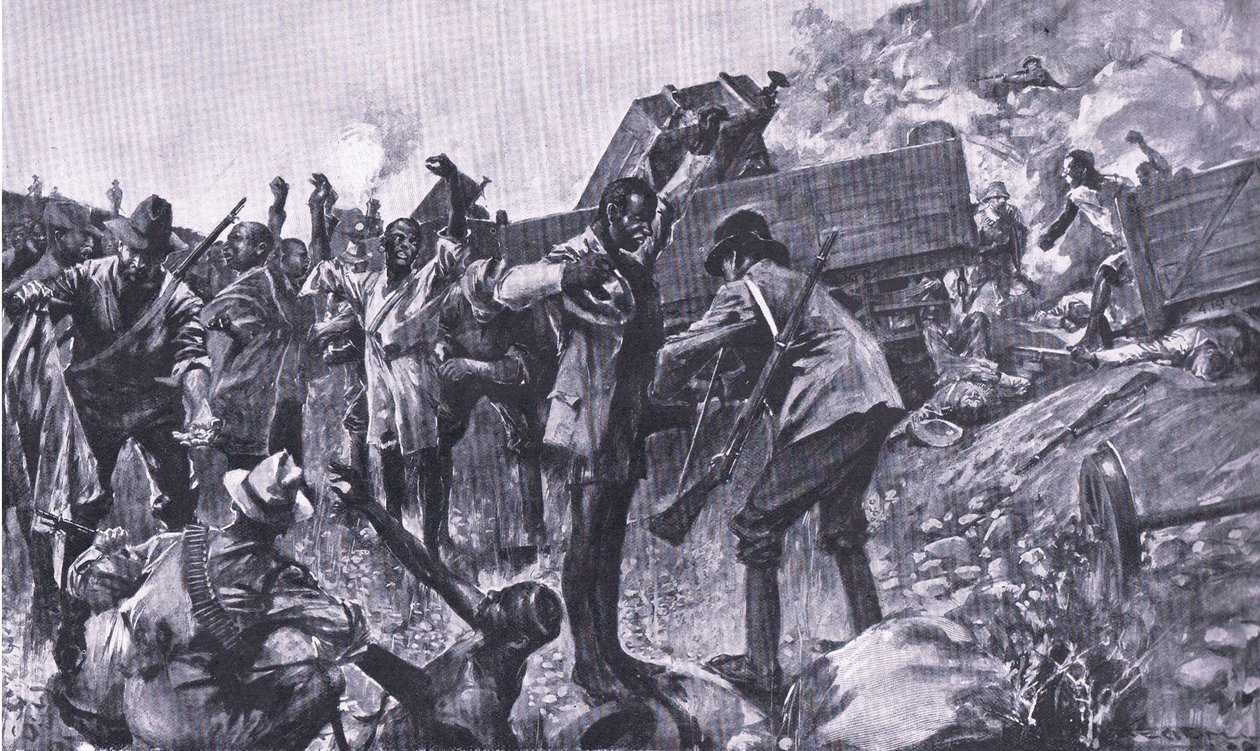 Förlisningen av tåget nära Taaibosch, från After Pretoria: The Guerilla War publicerad av Harmsworth Bros Limited, 1901 av A. C. Ball