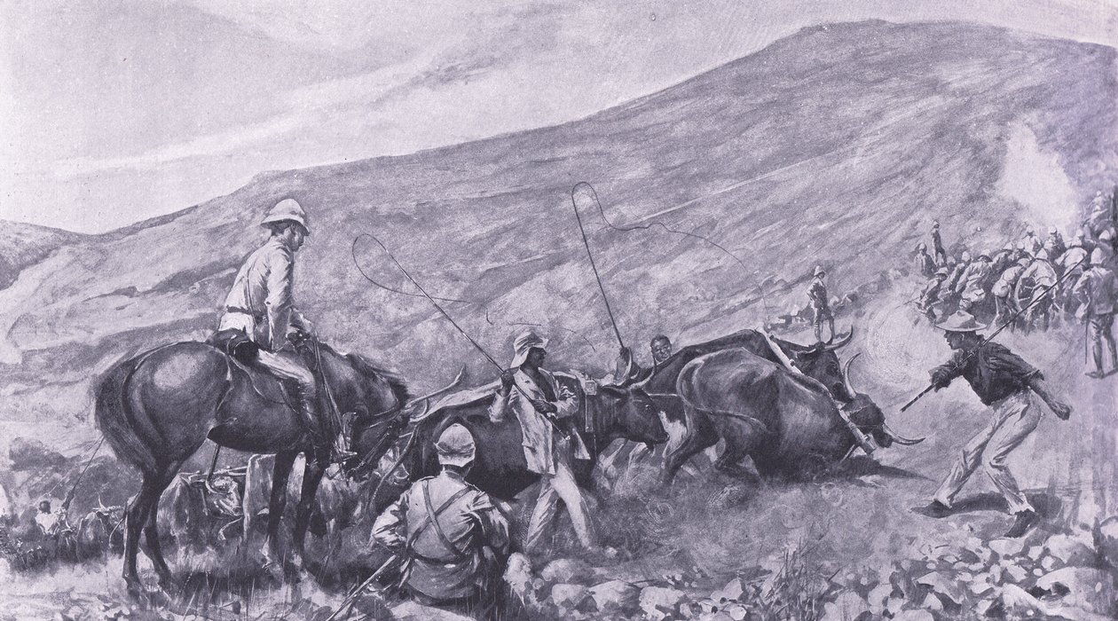 Transportsvårigheter vid Barberton: Hur kanonerna och vagnarna kom upp i bergen, illustration från After Pretoria: The Guerilla War, 1902 av A. C. Ball